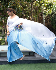 Freezing Skyblue Free Hand Digital Printed Saree