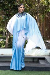 Freezing Skyblue Free Hand Digital Printed Saree