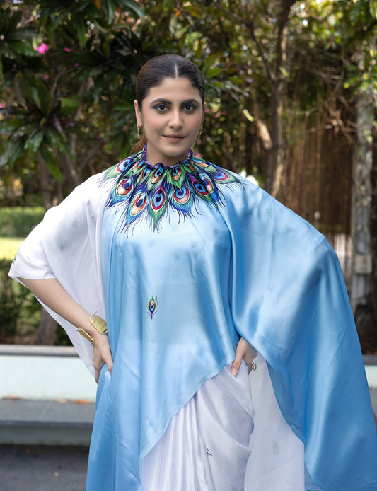 Freezing Skyblue Free Hand Digital Printed Saree