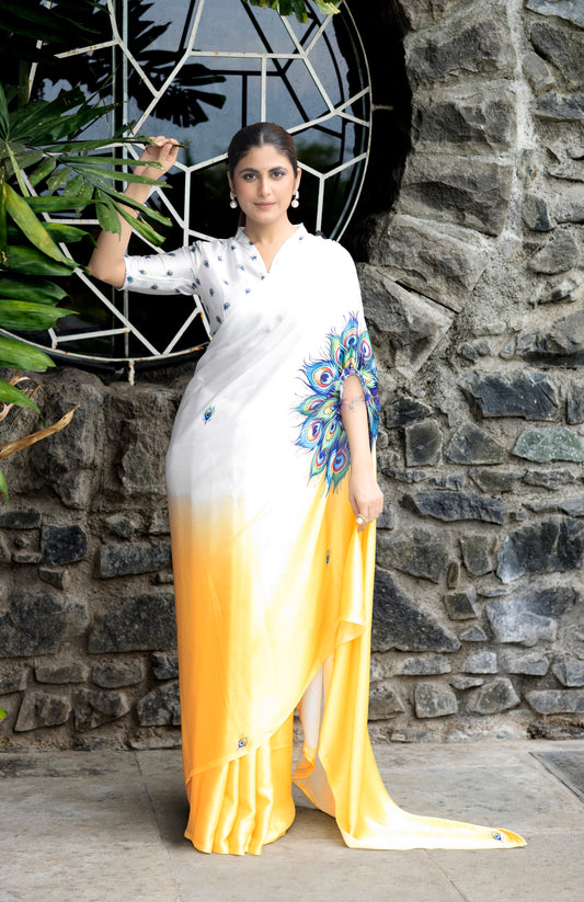 Freezing Yellow Colour Free Hand Digital Printed Saree