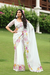 Rotion Soft Kota Chex Floral Printed Embroidery Work Saree