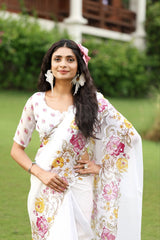 Rotion Soft Kota Chex Floral Printed Embroidery Work Saree