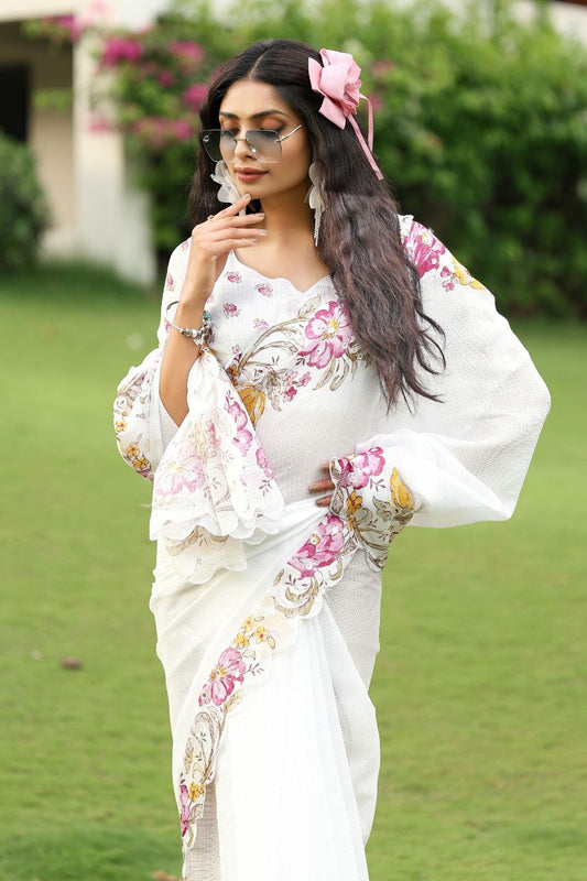 Rotion Soft Kota Chex Floral Printed Embroidery Work Saree