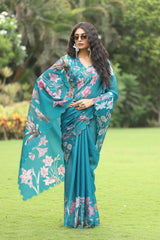 Nusrin Soft Kota Chex Floral Printed Embroidery Work Saree