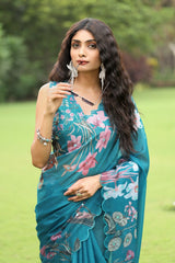 Nusrin Soft Kota Chex Floral Printed Embroidery Work Saree