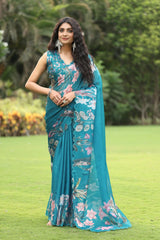 Nusrin Soft Kota Chex Floral Printed Embroidery Work Saree