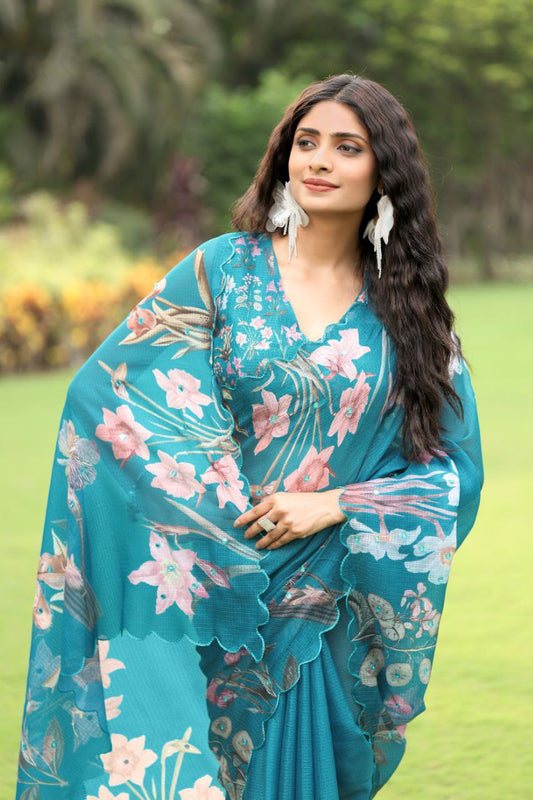 Nusrin Soft Kota Chex Floral Printed Embroidery Work Saree