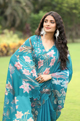 Nusrin Soft Kota Chex Floral Printed Embroidery Work Saree