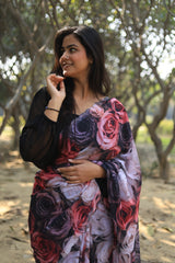 Angeleena Black Chiffon Floral Printed Saree