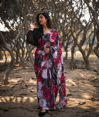 Angeleena Black Chiffon Floral Printed Saree