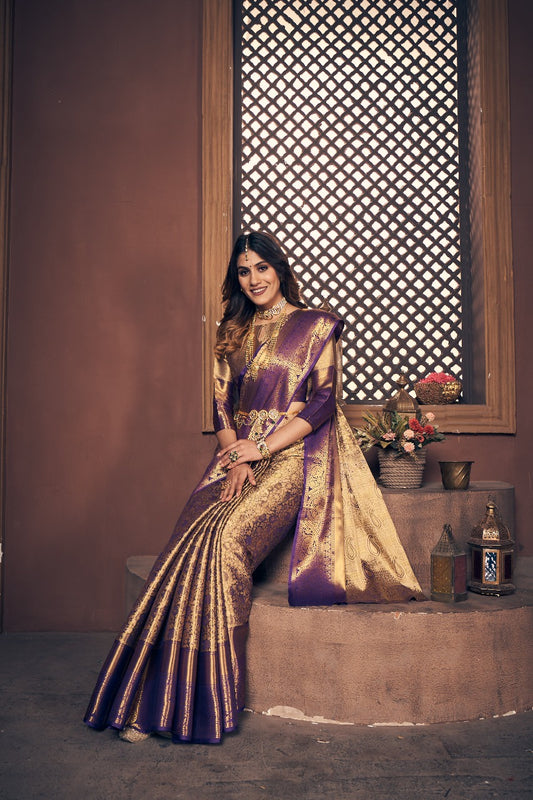 Elizabeth Purple Kanjivaram Semi Pattu Silk Weaving Saree