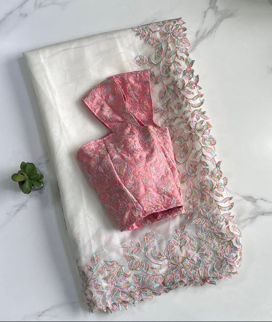 Myraa Offwhite Sof Organza Embroidery Work Fancy Saree
