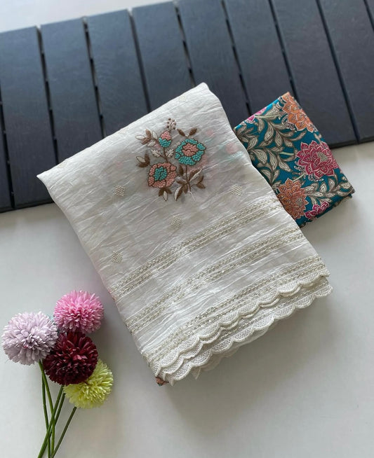 Whiteflower Offwhite Floral Embroidery Work Fancy Saree