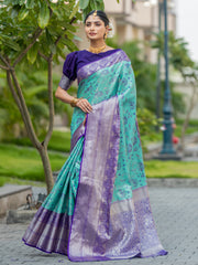 Wave Seablue Kanjivaram Silk Weaving Saree