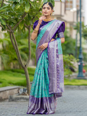 Wave Seablue Kanjivaram Silk Weaving Saree