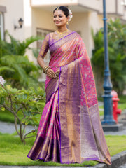 Pyramid Pink Kanjivaram Semi Pattu Silk Weaving Saree