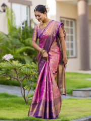Pyramid Pink Kanjivaram Semi Pattu Silk Weaving Saree