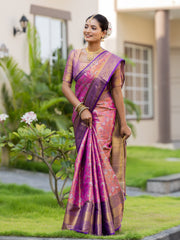 Pyramid Pink Kanjivaram Semi Pattu Silk Weaving Saree