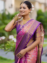 Pyramid Pink Kanjivaram Semi Pattu Silk Weaving Saree