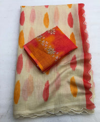 Zentra Soft Linen Digital Print Embroidery Work Saree