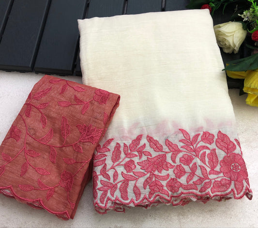 Safeda Crunchy Crush Embroidery Work Saree