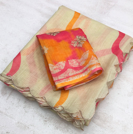 Brush Soft Linen Digital Print Embroidery Work Saree