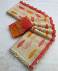 Zentra Soft Linen Digital Print Embroidery Work Saree