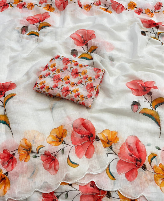 Gulsha Soft Linen Floral Digital Print Embroidery Work Saree