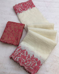 Safeda Crunchy Crush Embroidery Work Saree