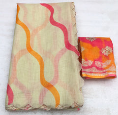 Brush Soft Linen Digital Print Embroidery Work Saree