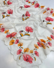 Gulsha Soft Linen Floral Digital Print Embroidery Work Saree