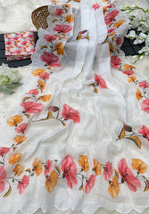 Gulsha Soft Linen Floral Digital Print Embroidery Work Saree