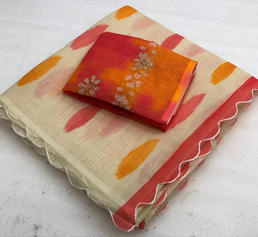 Zentra Soft Linen Digital Print Embroidery Work Saree