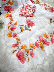 Gulsha Soft Linen Floral Digital Print Embroidery Work Saree
