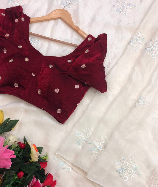 Corbell Cream Colour Embroidery & Sequence Work Saree