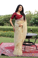 Mismatched Beige Colour Tissue Silk Embroidery Work Saree