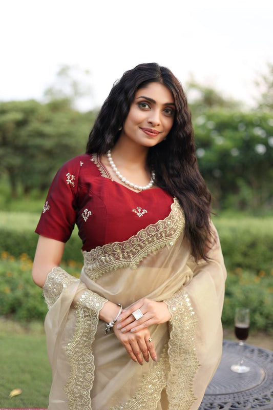Mismatched Beige Colour Tissue Silk Embroidery Work Saree
