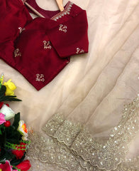 Mismatched Beige Colour Tissue Silk Embroidery Work Saree