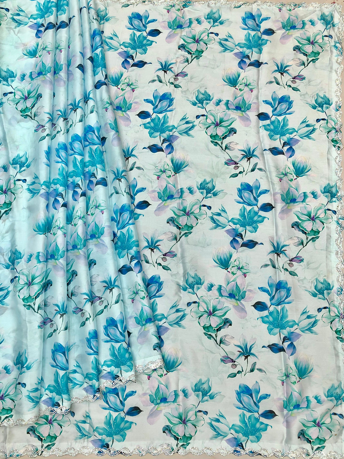 Baily Skyblue Floral Printed Siroski Work Saree