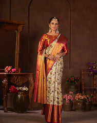 Crown White Kanjivaram Semi Pattu Silk Weaving Saree