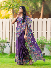 Breddot Purple Tussar Silk Kalamkari Print Embroidery Work Saree
