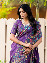 Breddot Purple Tussar Silk Kalamkari Print Embroidery Work Saree