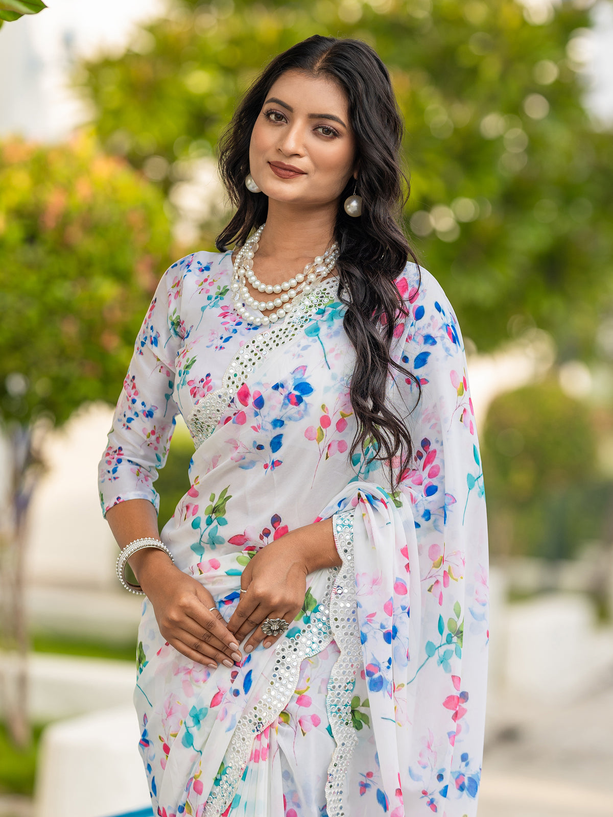 Prizma Offwhite Floral Print Chiffon With Embroidery & Mirror Work Saree