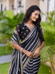 Aaliyah Black & White Tussar Silk Digital Print Lace Border Fancy Saree
