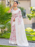 Aleena White Lucknowi Silk Floral Print Saree