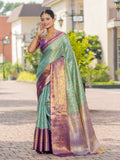 Stunner Seagreen Kanjivaram Semi Pattu Silk Weaving Saree